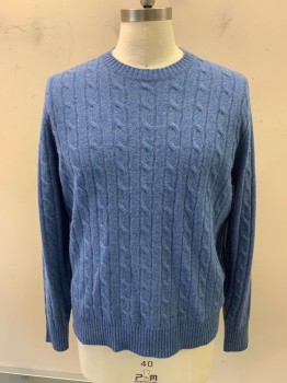 BROOKS BROTHERS, Blue, Wool, Solid, 2 Color Weave, L/S, CN, Cable Knit, Variegated Color