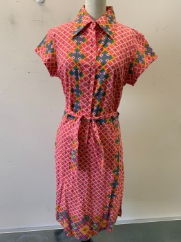 ROBERT GRAHAM, Pink, Purple, Green, Yellow, Cotton, Geometric, Floral, Pullover, 7 Pearl Buttons, C.A., Attached Self Belt, CB Elastic Waist, 2 Pockets, Barcode at Bust Behind Buttons