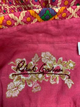 ROBERT GRAHAM, Pink, Purple, Green, Yellow, Cotton, Geometric, Floral, Pullover, 7 Pearl Buttons, C.A., Attached Self Belt, CB Elastic Waist, 2 Pockets, Barcode at Bust Behind Buttons