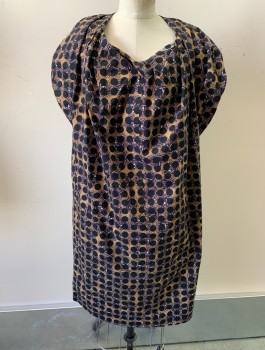 A DETACHER, Brown, Black, White, Navy Blue, Cotton, Abstract , Circles, Shift Dress, Low Slung Armholes, Unusual Gathering at Neck and Shoulders, Oversized, Esoteric Design, Side Seam Pockets