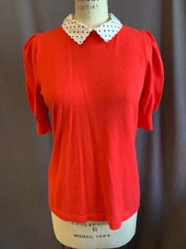 CECE, Red-Orange, Poly/Cotton, Nylon, Solid, White Collar with Black Polka Dots, Pullover, S/S, Key Hole Back