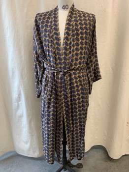 Mens, Bathrobe, SAVILLE ROW, Navy Blue, French Blue, Olive Green, Khaki Brown, Beige, Silk, Abstract , Grid , OS, Abstract Chain Link Pattern With Almond Shape Center And Navy/Grey Grid Between, with Matching Belt