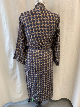 Mens, Bathrobe, SAVILLE ROW, Navy Blue, French Blue, Olive Green, Khaki Brown, Beige, Silk, Abstract , Grid , OS, Abstract Chain Link Pattern With Almond Shape Center And Navy/Grey Grid Between, with Matching Belt
