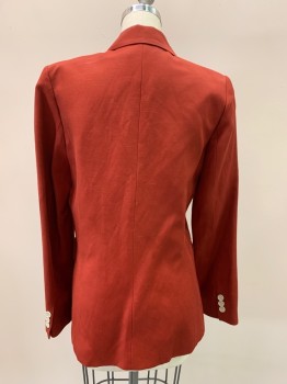 SANDRO, Brick Red, Polyester, Solid, 4 Buttons, Double Breasted, Notched Lapel, Top Pockets,