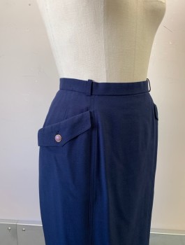 DELCY, Navy Blue, Wool, Solid, Pencil Skirt, 2 Large Hip Pockets with Lavender Accent Buttons, Small Belt Loops at Waistband