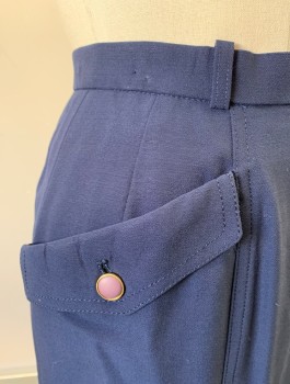 DELCY, Navy Blue, Wool, Solid, Pencil Skirt, 2 Large Hip Pockets with Lavender Accent Buttons, Small Belt Loops at Waistband