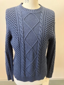 BROOKS BROS, Navy Blue, Cotton, Faded, Cable Knit, L/S, CN,