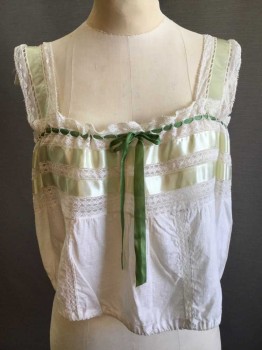 Womens, Camisole 1890s-1910s, Cream, Mint Green, Cotton, Rayon, B36/8, Lace Trim Square Neckline  with Mint Ribbon Inlay Horizontal Panels. Green Ribbon Drawstring At Chest Line and Elasticated Waist. Sleeveless,