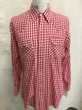 DEE CEE, White, Red, Polyester, Cotton, Gingham, Snap Front, Long Sleeves, Western Yoke, 2 Western Pockets With Snaps