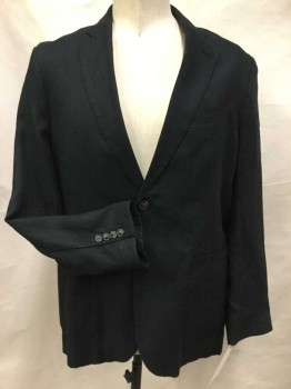 TASSO ELBA, Black, Linen, Solid, Single Breasted, 2 Buttons, Pick Stitched Notched Lapel, Light Blue and White Micro Stripe Lining, 3 Patch Pockets,