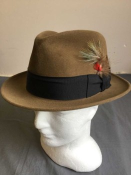 Mens, Fedora, DOBBS, Lt Brown, Black, Beige, Red, Wool, Feathers, Solid, 7 1/4, Light Brown Felt, Black Grosgrain Band, Beige and Red Feathers, 2" Wide Brim, Retro Looks 1950's-1960's