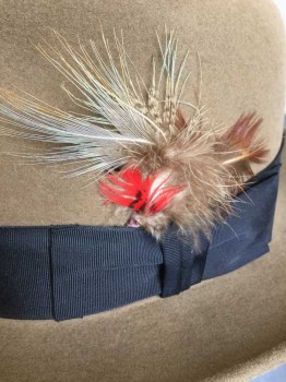 Mens, Fedora, DOBBS, Lt Brown, Black, Beige, Red, Wool, Feathers, Solid, 7 1/4, Light Brown Felt, Black Grosgrain Band, Beige and Red Feathers, 2" Wide Brim, Retro Looks 1950's-1960's