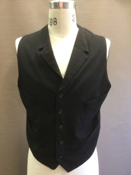 Mens, Vest 1890s-1910s, N/L, Black, Cotton, Solid, Ch 40 , Button Front, Notch Lapel, 4 Pockets,