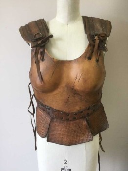 Womens, Historical Fict Breastplate , N/L, Brown, Leather, Metallic/Metal, Solid, Basket Weave, 32/34B, Artfully Aged/Distressed,  Molded Leather, Brass Rivets and Grommets, Lacing/Ties Sides, Multiples