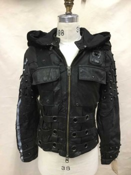 Junker Designs, Black, Leather, Shearling, Contemporary, Scifi, Long Sleeves, Hood, Black Studs, Grommets, Zip Front, Chest Pockets, White Painted Stripe On Right Arm