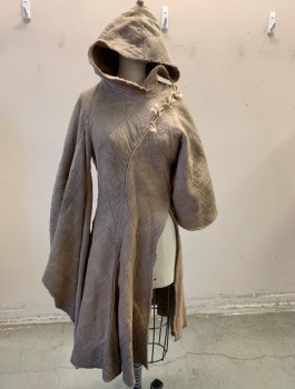 Womens, Sci-Fi/Fantasy Coat/Robe, M.T.O., Beige, Wool, Silk, XS, Hooded Whimsical Cloak Wrap Style, Fitted Through Waist with Brown Feathers & Beading At Neckline Front. Homespun Wool with Silk Organza Overlay with Quilt Stitching Detail