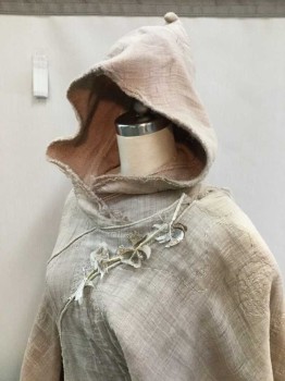 Womens, Sci-Fi/Fantasy Coat/Robe, M.T.O., Beige, Wool, Silk, XS, Hooded Whimsical Cloak Wrap Style, Fitted Through Waist with Brown Feathers & Beading At Neckline Front. Homespun Wool with Silk Organza Overlay with Quilt Stitching Detail