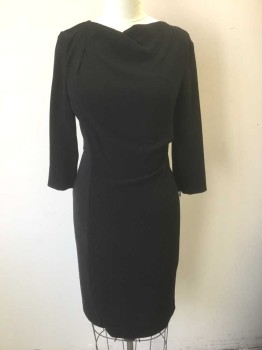 MAX MARA, Black, Viscose, Polyester, Solid, 3/4 Sleeve, Wide, Sculptural V-neck, with Pleated/Draped Detail at Shoulder and Waist, Hem Below Knee, Invisible Zipper at Center Back, Invisible Zippers at Arm Openings
