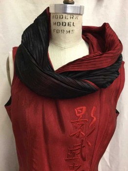 Womens, Sci-Fi/Fantasy Vest, MTO, Black, Dk Red, Synthetic, Solid, 8/10, Made To Order, Full Length Vest, Hook & Eyes at Collar of Full Pleated Hood, Opens Front Side with Ambiguous Asian Writing Center Front, Multiples,