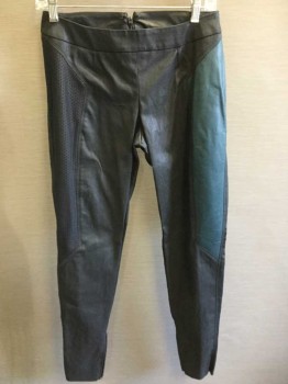 Womens, Sci-Fi/Fantasy Piece 2, MTO, Black, Teal Blue, Faux Leather, Synthetic, Color Blocking, H36, W28, Made To Order, Pants, Center Back Zipper,  One Hip Dark Teal Blue, Other Hip Mesh, Zipper at Ankles, Matching Top