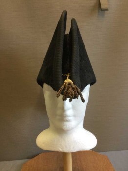 Mens, Historical Fiction Hat , MTO, Black, Gold, Wool, Metallic/Metal, Solid, 7 1/4, 22 1/2, 1800 Officer's Navel Bicorn. 1 Brass Button with Anchor. Aged Down Gold Ribbon Detail on Side with Gathered Black Grosgrain. Black Brocaded Ribbon Trim at Edges. Gold Braid Cord Hat Band with Bullion Tassles