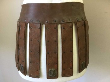 Mens, Historical Fiction Skirt, Mto, Brown, Brass Metallic, Leather, Metallic/Metal, W32-34, Leather Tab Skirt with Metal Hardware and Studs, Made To Order,