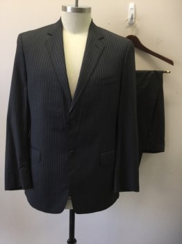 TALLIA, Black, Blue, White, Wool, Stripes - Pin, Black with Blue/white Pinstripes, Single Breasted, Collar Attached, Notched Lapel, Hand Picked Collar/Lapel, 2 Buttons,  3 Pockets