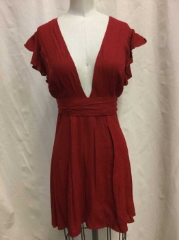 REFORMATION, Red, Viscose, Rayon, Solid, Red, Plunge Neck, Sleeveless with Ruffle Trim, Self Belt