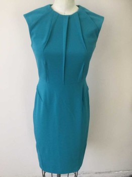 CALVIN KLINE, Turquoise Blue, Polyester, Spandex, Solid, Sleeveless, Shaping Darts Exposed As a Design Detail, Center Back Zipper, Knit,
