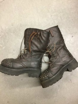 Mens, Sci-Fi/Fantasy Boots , N/L, Dk Brown, Leather, Metallic/Metal, 13, Mid Calf High, Extremely OversizedToe Box W/Brass Studs At Toe + Center Back Seam, Lace Up, 2" Chunky Platform Sole W/Treads, Lightly Aged/Worn, **Some Studs Missing