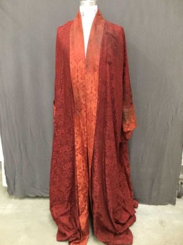 Mens, Historical Fiction Robe, COSPROP LONDON, Red, Silk, Floral, Jacquard, Shawl Lapel, Cuffed Sleeves, Aged/Distressed,