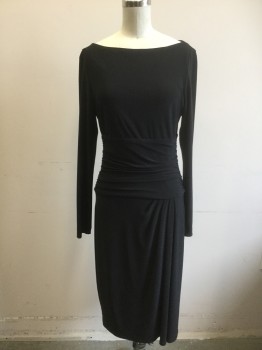 RALPH LAUREN, Black, Polyester, Spandex, Solid, Long Sleeves, Bateau/Boat Neck, Waistband Gathered/Ruched at Sides, with Asymmetric Gathered Detail at One Hip, Knee Length