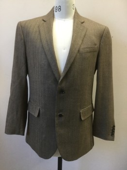 STAFFORD, Brown, Wool, Herringbone, Single Breasted, Collar Attached, Notched Lapel, 2 Bttns, 3 Pckts,