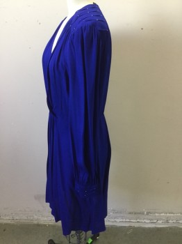 KAREN MILLEN, Blue, Silk, Beaded, Solid, Cross Over Bust, Gathered and Twisted Pin Tuck Yolk and Cuffs, with Gold Beading At Shoulder & Cuffs, Side Zipper