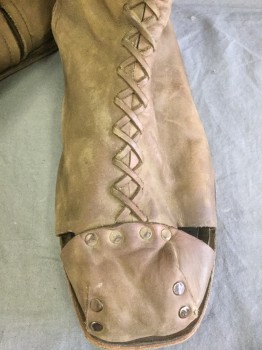 Mens, Historical Fiction Boots , N/L, Brown, Leather, 12, Knee High Boots, Aged/Faded Leather, Open Panels at Toes, Metal Studs Holding Panels Together, Self Leather X's Lacing Up Front, Side Zipper