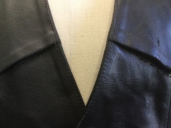 Mens, Leather Vest, RLEATHER, Black, Leather, Solid, 48, V-neck, Snap Front, Slit Pockets, Partly Unstitched on Front, , Side Lacing