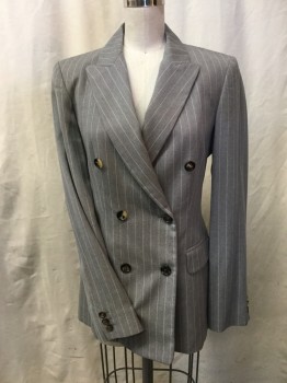 CELINE, Lt Gray, White, Wool, Stripes - Pin, Gray with Off White Vertical Pin Stripe, Peaked Notched Lapel, Double Breasted, 2 Pockets with Flaps,