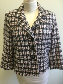 NIPON BOUTIQUE, Lt Pink, Black, Iridescent Black, Polyester, Viscose, Plaid-  Windowpane, Abstract , Light Pink and Black Textured/Patterned Weave with Black Tiny Sequins Throughout, Notched Lapel, 3 Black Jewelled Buttons, 3/4 Sleeves, Solid Black Lining