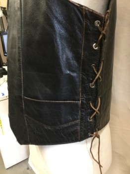 UNIK, Black, Faded Black, Leather, Poly/Cotton, Solid, (2 of Them:  44, 46) Black Aged & Distressed, Faded Black Lining, V-neck, Brass Snap Front, Yoke, 2 Pockets, Lacing on the Side, Buffalo Skull Embossed in the Back