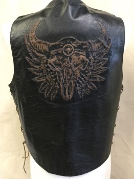 UNIK, Black, Faded Black, Leather, Poly/Cotton, Solid, (2 of Them:  44, 46) Black Aged & Distressed, Faded Black Lining, V-neck, Brass Snap Front, Yoke, 2 Pockets, Lacing on the Side, Buffalo Skull Embossed in the Back