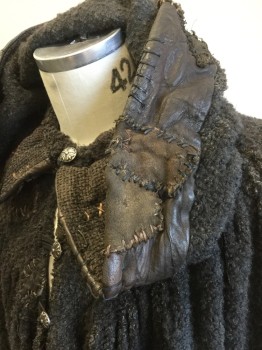 Unisex, Historical Fiction Cape, MTO, Charcoal Gray, Dk Brown, Acrylic, Leather, OS, Made To Order, Boucle, Yoke with Hood, Costume Patches in Linen, Cotton, and Leather, Large Hand Stitching, 4 Silver Buttons,