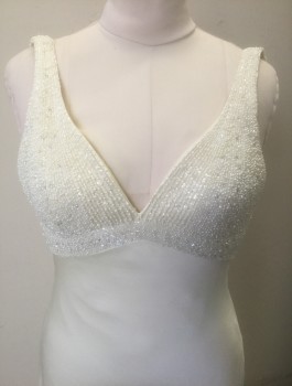 VINEYARD COLLECTION, Ivory White, Pearl White, Silk, Beaded, Solid, Pearls, Clear Beads, and Silver Jewels Covering Bust/Top Half, Sleeveless with 1" Straps, V-neck, Empire Waist, Bias Cut Slinky Silk Bottom, Floor Length with Train