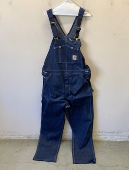 Mens, Overalls, CARHARTT, Denim Blue, Cotton, Solid, Ins:34, W:40, Indigo Denim with White Top Stitching, Navy Elastic on Straps, Many Pockets/Compartments at Chest, Waist, Bum, Carpenter Loop at Hip