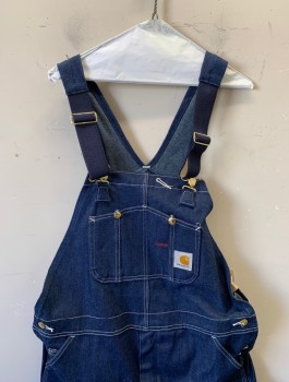 Mens, Overalls, CARHARTT, Denim Blue, Cotton, Solid, Ins:34, W:40, Indigo Denim with White Top Stitching, Navy Elastic on Straps, Many Pockets/Compartments at Chest, Waist, Bum, Carpenter Loop at Hip