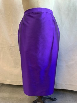 MOSHITA, Violet Purple, Silk, Wool, Solid, Evening Skirt, Silk Sheen, 1 1/4" Waistband, Hem Below Knee, Elastic Side Waistband, Back Zip, Center Back Slit