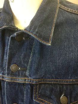 LEVI'S, Denim Blue, Cotton, Solid, Medium Blue Denim, Long Sleeves, Button Front, Collar Attached, 4 Pockets, Tan Top Stitching