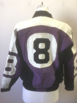 Mens, Leather Jacket, COSA NOVA, Purple, Black, Off White, Leather, Suede, Color Blocking, M, Panels of Purple/Black/Cream Suede and Leather, Zip Front, Collar Attached, Padded Shoulders, "8" Panel at Center Back and Sleeves, 2 Zip Pockets, Elastic Waist,