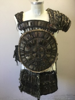 Mens, Historical Fict. Breastplate , MTO, Faded Black, Brown, Gray, Metallic/Metal, Leather, 40+, Metal Plates on Rope Attached with Leather, One Shoulder Protection, Separating Flaps for Riding a Horse. Lace Up Sides, Modeled on Size 40, Adjustable, Barbarian, Viking, Warrior,