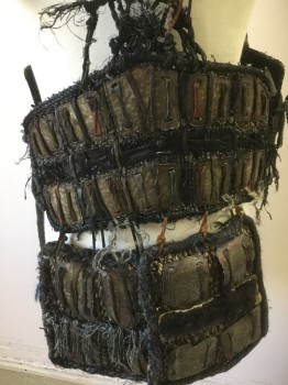 Mens, Historical Fict. Breastplate , MTO, Faded Black, Brown, Gray, Metallic/Metal, Leather, 40+, Metal Plates on Rope Attached with Leather, One Shoulder Protection, Separating Flaps for Riding a Horse. Lace Up Sides, Modeled on Size 40, Adjustable, Barbarian, Viking, Warrior,