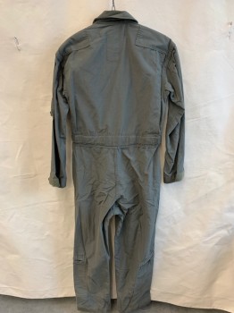 PROPPER, Olive Green, Cotton, Solid, (MULTIPLE) (Distressed/aged) Collar Attached, Breast Patch, Zip Front, 5 Pockets with Zipper, 1" Self Waist Belt with Velcro, Long Sleeves with Velcro Cuffs (1 Pocket with Zipper on Left Arm), Zipper at Both Side Pants Hem